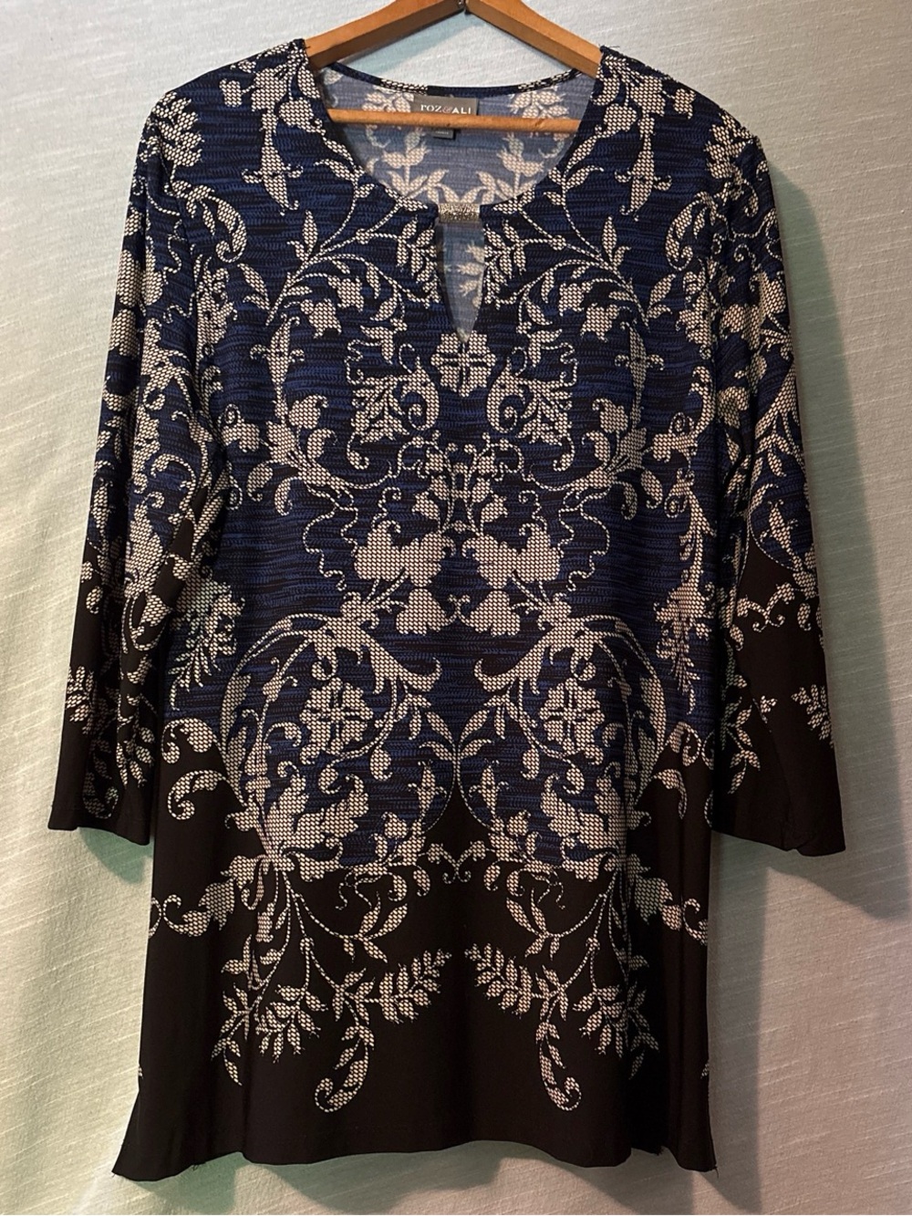 Roz & Ali Tunic Blouse Pullover 3/4 Sleeve Keyhole Neck Black/Blue Women’s Sz L